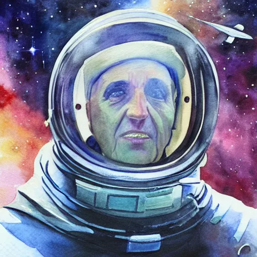 Image similar to pope in space. watercolor. dramatic. amazing painting. formal. beautiful. high resolution. highly realistic. close - up. trending on artstation