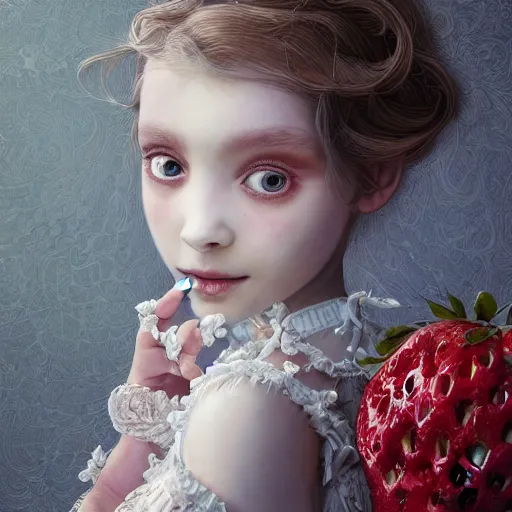 Image similar to the portrait of the absurdly beautiful, graceful, elegant, sophisticated, fashionable little girl made of strawberries and white petals looking down, an ultrafine hyperdetailed illustration by kim jung gi, irakli nadar, intricate linework, bright colors, octopath traveler, final fantasy, unreal engine 5 highly rendered, global illumination, radiant light, detailed and intricate environment