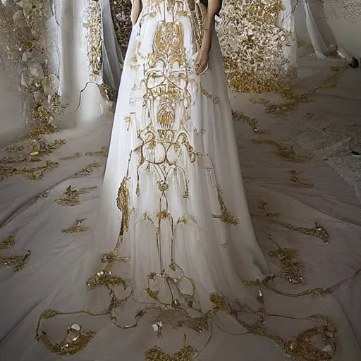 Image similar to a long wedding dress with a train made of flower petals made of light - colored fabric. transparent in places. in places, patterns of precious stones. intricate patterns of gold thin threads. fantasy. clear details