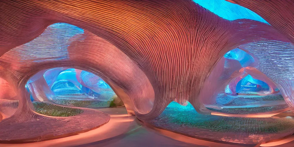 Image similar to extremely detailed awe stunning beautiful futuristic smooth curvilinear museum interior, translucent gills, hyper real, 8k, colorful, 3D cinematic volumetric light, atmospheric light