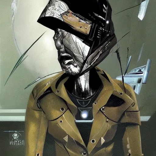 Prompt: a beautiful portrait of a space bounty hunter by dave mckean trending on artstation