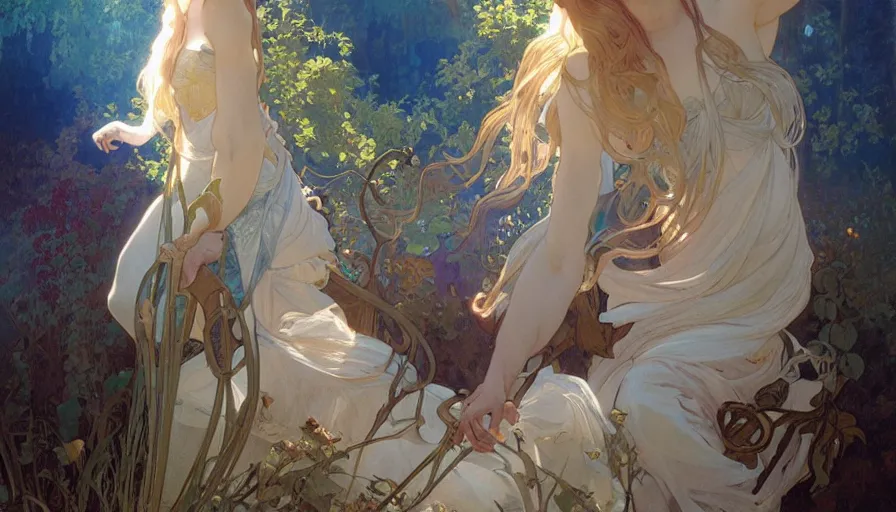 Image similar to a beautiful painting of the last unicorn, ray traced lighting by alphonse mucha and greg rutkowski