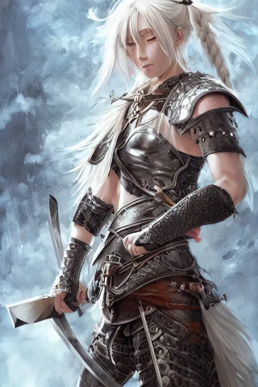 Prompt: A realistic anime portrait of a white haired female barbarian wearing an intricate viking armor, sword wielding, digital painting, by Stanley Artgerm Lau, Sakimichan, WLOP and Rossdraws, digital painting, painterly, Pixiv, Deviantart, golden ratio, rule of thirds, good composition, HD, 8k, award winning, promo art, splash art, rpg, jrpg, dungeons and dragons, DND, trending on ArtStation