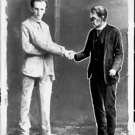 Prompt: erwin schrodinger and nikola tesla shaking hands in cyberpunk style