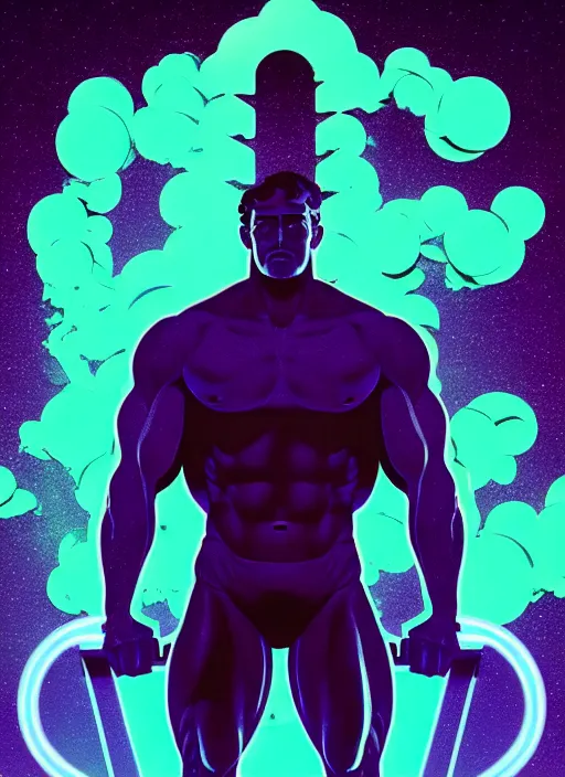 Image similar to statue of hercules, beeple, android jones, ( ( ( ( ( dan mumford ) ) ) ) ), vaporwave, retrowave, black background, neon wiring, black, glitch, strong contrast, cuts, pinterest, trending on artstation