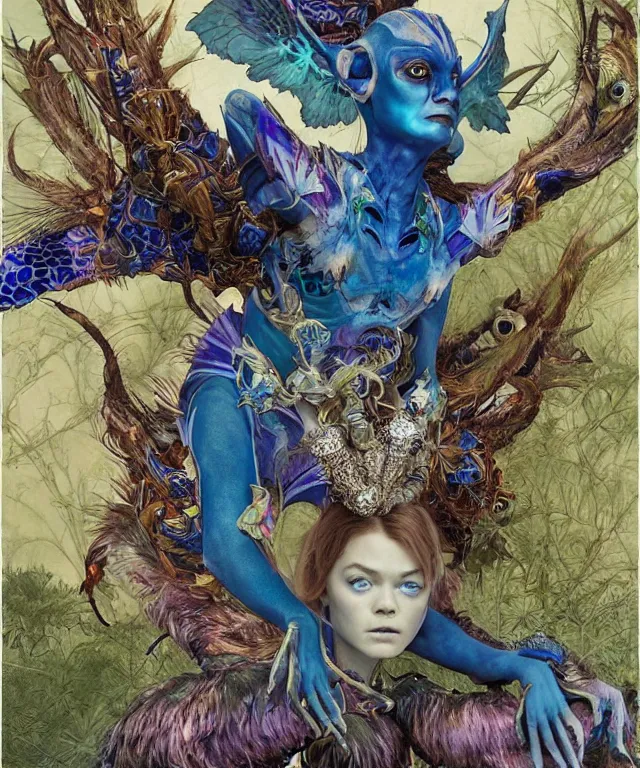 Prompt: a portrait photograph of a meditating fierce sadie sink as a colorful harpy antilope super hero with blue skin with scales. she is being transformed into a alien amphibian animal. by donato giancola, hans holbein, walton ford, gaston bussiere, peter mohrbacher and brian froud. 8 k, cgsociety, fashion editorial