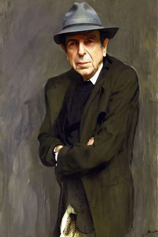 Image similar to Leonard Cohen, wearing a trilby hat, portrait by John Singer Sargent, Frank McCarthy, Robert McGinnis