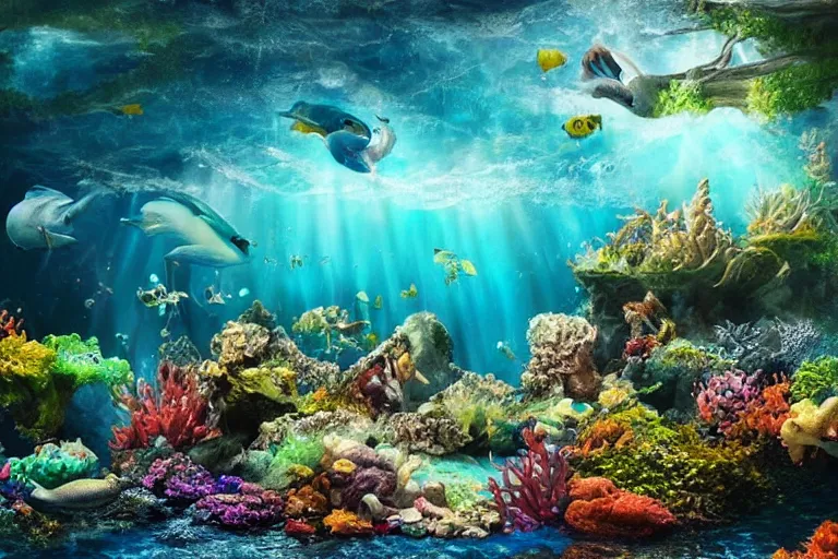 Prompt: enchanted Underwater landscape with Life and a Dream. Photo-realistic UHDR, hyperrealism, very detailed, cinematic,