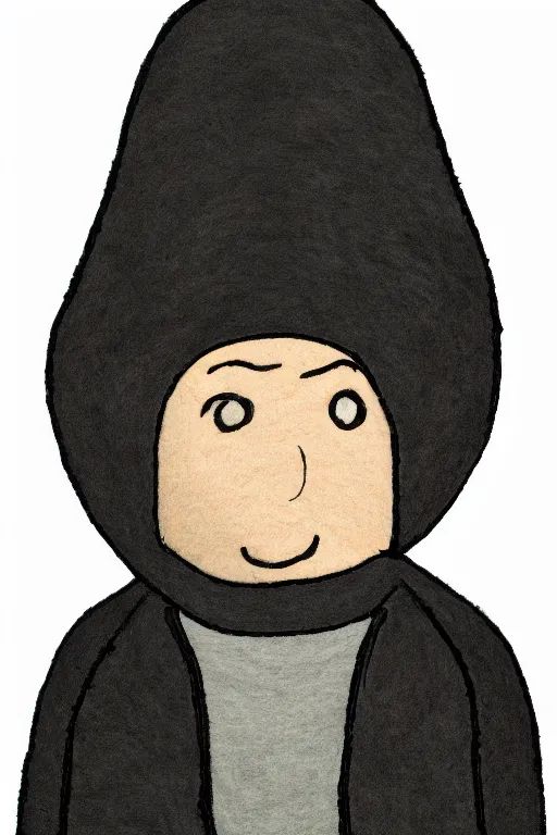 Image similar to felt illustration, portrait of a small character, with a big head, wearing a hood