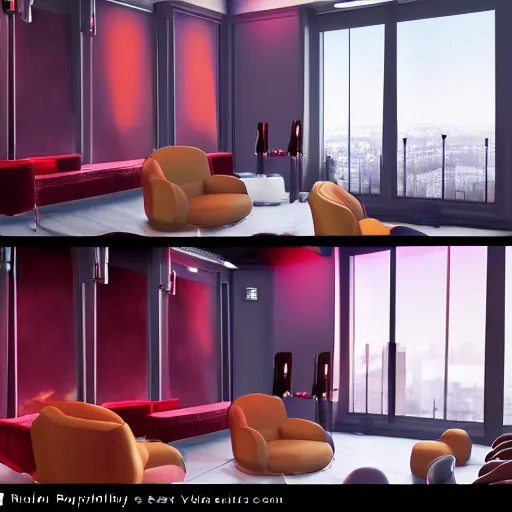 Image similar to A photorealistic virtual music studio, Paris hotel style, red velvet furniture, light rays coming out of the windows, the windows have a view on Paris, raytracing, highly detailed, futuristic, unreal engine 5, photoscanned, photorealistic,