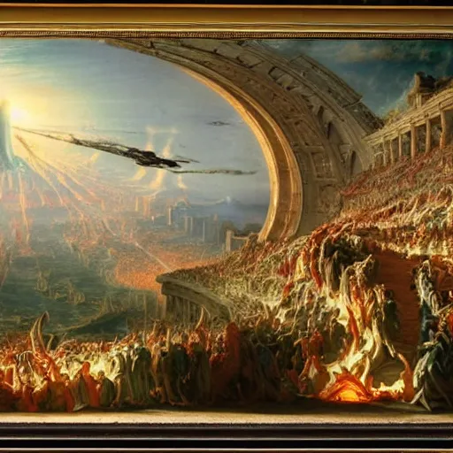 Image similar to alien invasion, epic, magnificent, the last judgement, insanely detailed and intricate, 8 k, fall of the roman empire by thomas cole