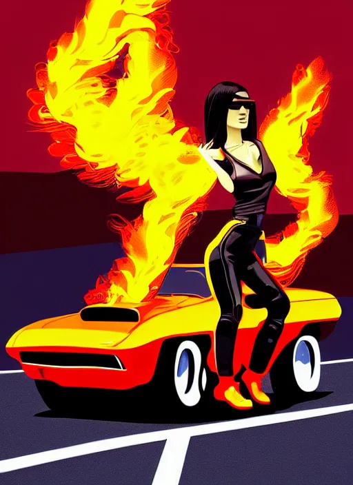 Image similar to a biker chick riding a hotrod muscle car down a street made of fire, digital painting masterpiece, by ilya kuvshinov and rockin jellybean