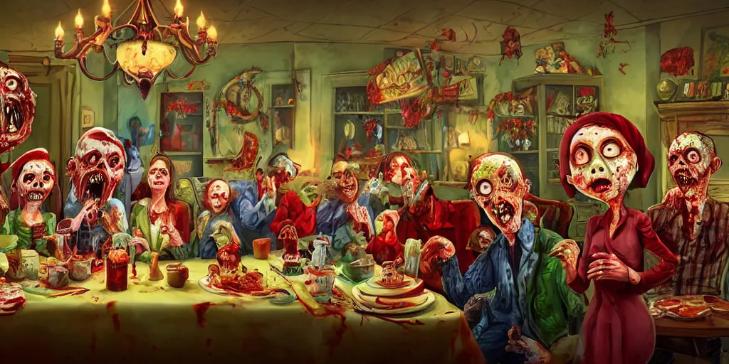 Image similar to a zombie family christmas diner, vivid colors, wide angle, super highly detailed, professional digital painting, artstation, concept art, smooth, sharp focus, no blur, no dof, extreme illustration, unreal engine 5, photorealism, hd quality, 8 k resolution, cinema 4 d, 3 d, beautiful, cinematic, art by tim burton