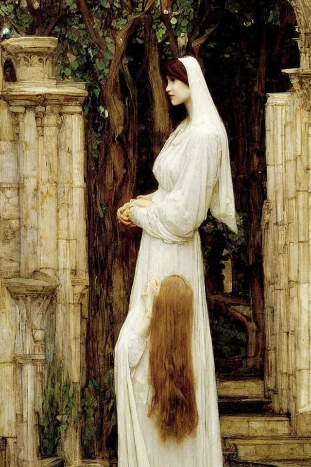 Prompt: beautiful woman in white robes by john william waterhouse, preraphaelite style