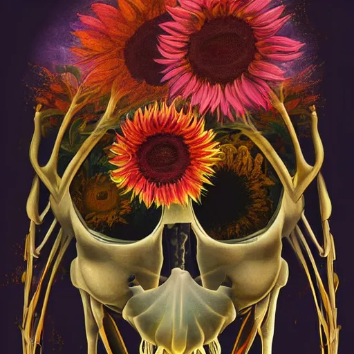 Prompt: a beautiful matte digital illustration by Larisa Novik of an anatomically correct heart bursting out of an anatomically correct skeletal rib-cage and exploding into rainbows and sunflowers, trending on artstation hq