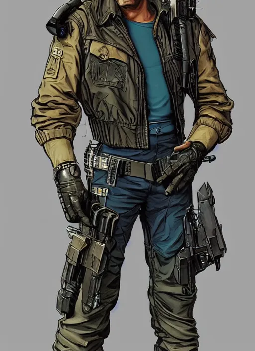 Image similar to menacing cyberpunk mercenary in military vest and jumpsuit. dystopian. portrait by stonehouse and mœbius and will eisner and gil elvgren and pixar. realistic proportions. cyberpunk 2 0 7 7, apex, blade runner 2 0 4 9 concept art. cel shading. attractive face. thick lines.