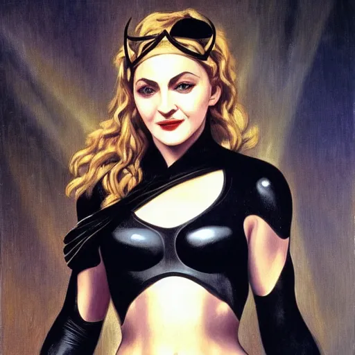 Prompt: Painting of Madonna as Catwoman from Batman Returns. Art by william adolphe bouguereau. During golden hour. Extremely detailed. Beautiful. 4K. Award winning.