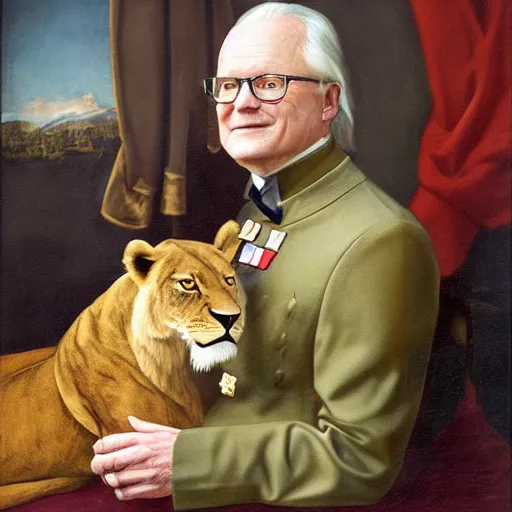 Image similar to Swedish king Carl XVI Gustaf with his pet lion, smoking a cigar, professional oil painting, highly detailed, renaissance