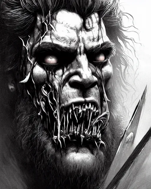 Image similar to reinhardt from overwatch, beard, slash scar through eye, character portrait, portrait, close up, concept art, intricate details, highly detailed, horror poster, horror, vintage horror art, realistic, terrifying, in the style of michael whelan, beksinski, and gustave dore