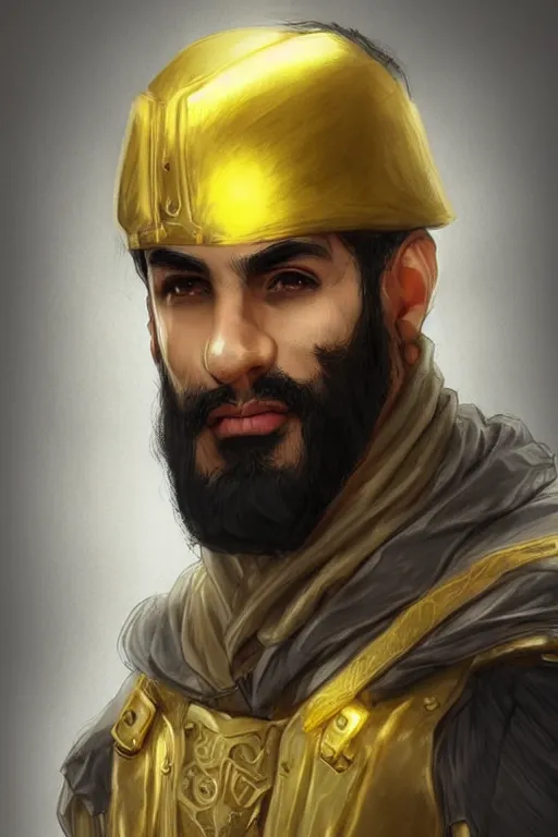 Image similar to Arab man light beard, curly hair, knight, hero, leather , yellow and charcoal, character concept art, costume design, trending on artstation, Artgerm , WLOP