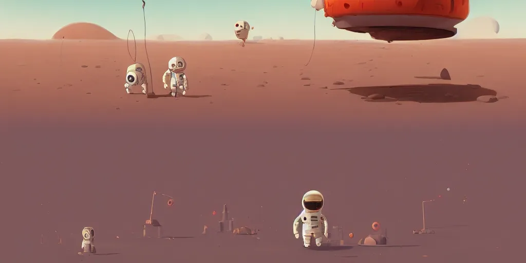 Image similar to cute cartoon cosmonaut landing on the mars by goro fujita and simon stalenhag and wes anderson and alex andreev, 8 k, trending on artstation, hyper detailed, cinematic