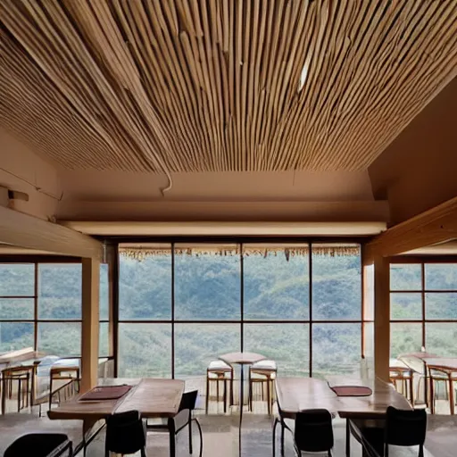 Prompt: innovative interior design of a restaurant in rural Japan, neutral wooden materials, floor-to-ceiling windows with views of nature