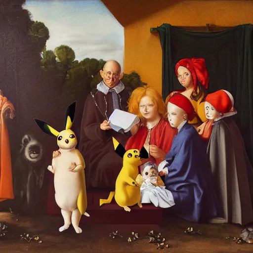 Image similar to A pikachu family portrait, Family portrait, guild commission, Florentine school, sfumato, still life, al fresco, oil on canvas, Artwork by Hubert van Eyck