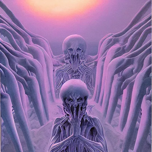Image similar to Soul eating angels satisfy their hunger, light illumination at sunset, by Wayne Barlowe height 768