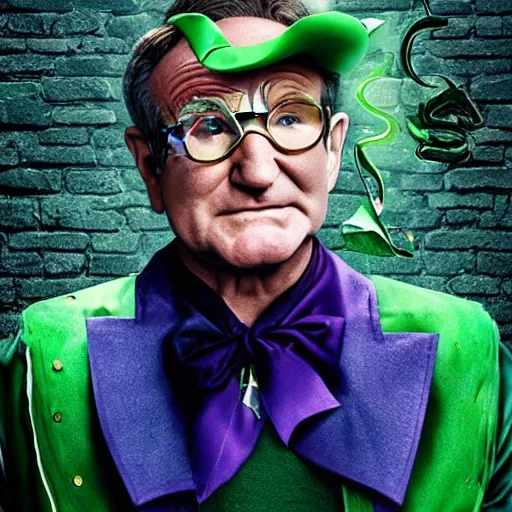 Prompt: awe inspiring Robin Williams as The Riddler 8k hdr movie poster