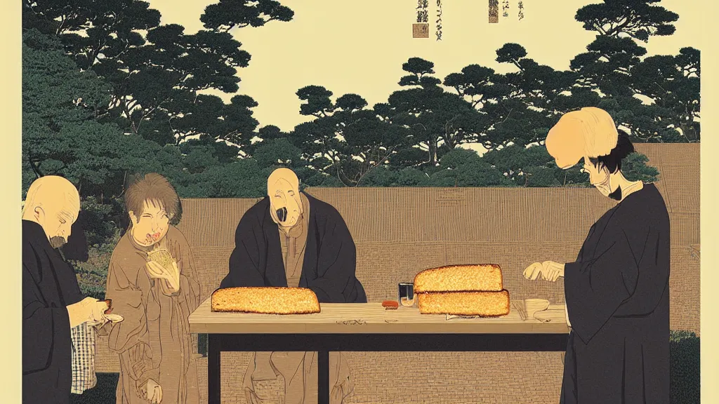 Image similar to Dad had been collecting Burnt toast and free bread from one of his apps, screen print by Kawase Hasui and dan hillier, 8k unreal engine