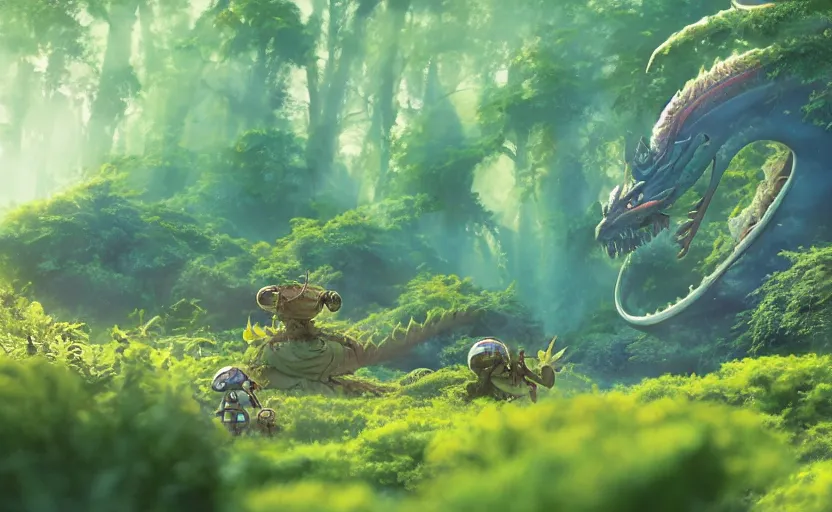 Image similar to a still of a cute adorable tiny astronaut, on a planet of lush foliage, with an enormous kaiju dragon surrounding the background, magical forest, sharp focus, neon backlit, highly detailed, disney pixar studio ghibli makoto shinkai, digital painting, matte, octane render, global illumination, iridescent, anime, 8 k concept art