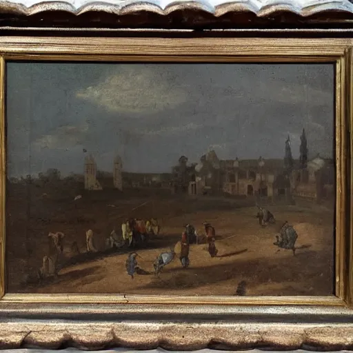 Prompt: medium-shot fencing in 17th century, oil painting, dark background, ominous,
