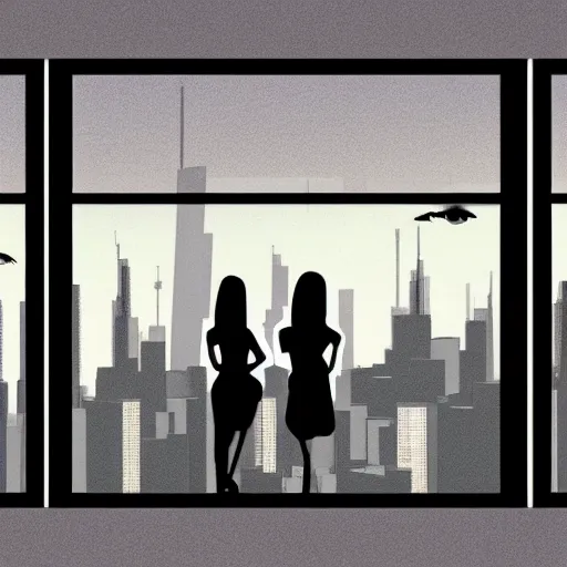 Image similar to View from window on megapolis, silhouette of women who watches to the window, cartoon, 2D