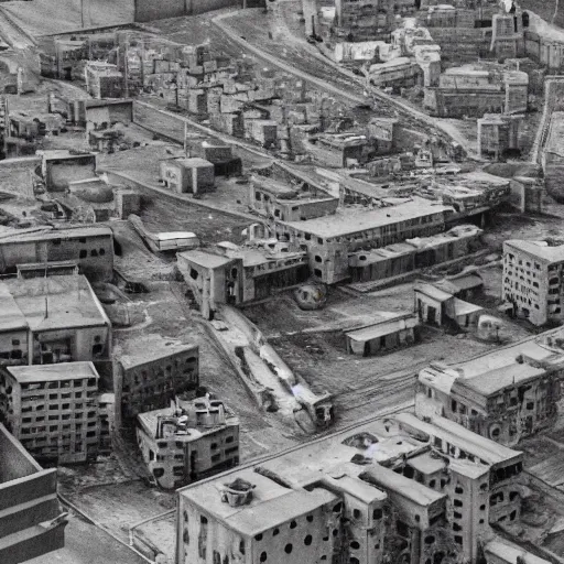 Image similar to brutalist city, prison city, totalitarian prison island, hashima island, wide roads, wide avenues, wide spaces, rundown buildings, military buildings, prison complex, colorized super 8 mm photo