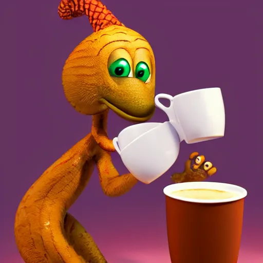 Prompt: cute pinnaple character with a cup of coffee, dark background, 3d render by Pixar, raytracing, 4k