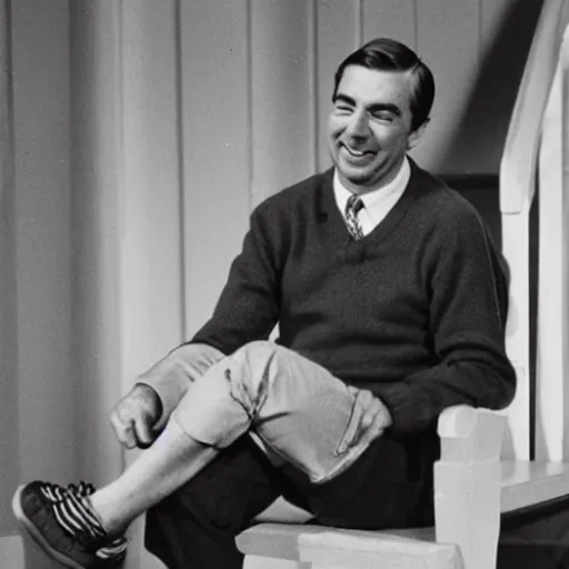 Image similar to fred rodgers, mr. rodgers neighborhood, blue sweater, putting on his shoes,