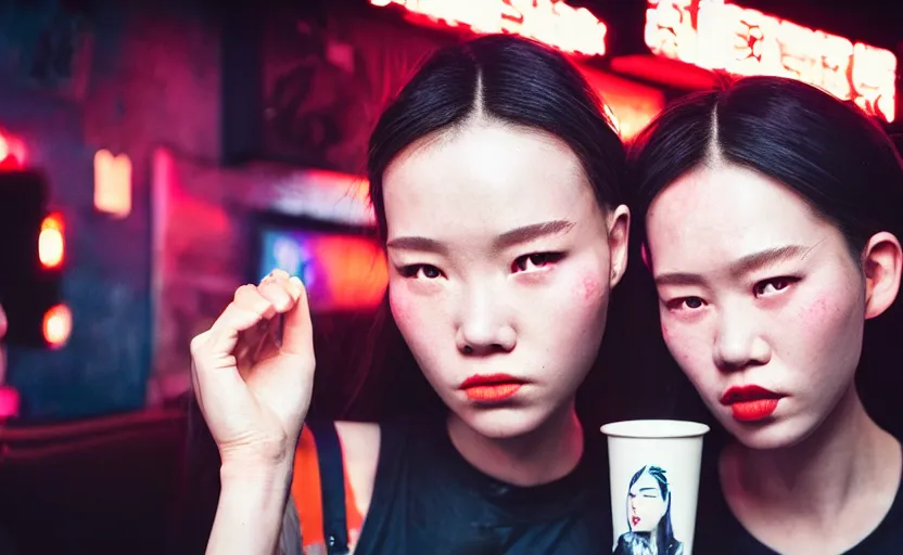 Image similar to cinestill 5 0 d photographic portrait of two female androids wearing streetwear talk at a bar in cyberpunk china, extreme closeup, modern cyberpunk, dust storm, 8 k, hd, high resolution, 3 5 mm, f / 3 2, ultra realistic faces, intricate detail, ex machina