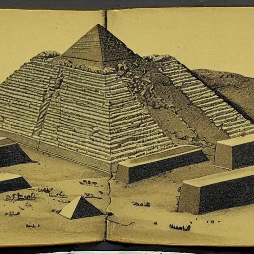 Image similar to an old journal page with a rich illustration of a ufo laying blocks of a half-built Pyramid of Giza