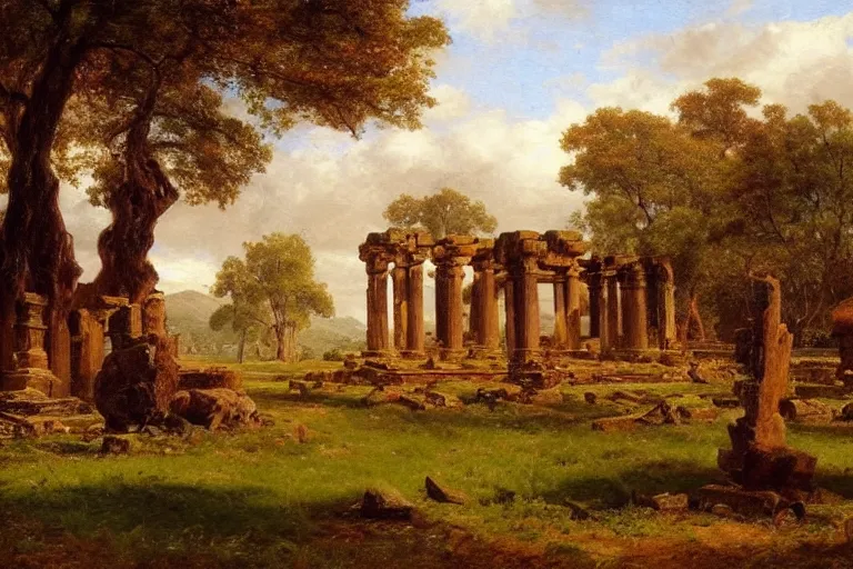 Prompt: temple ruins on a field with hills and trees in the distance, very detailed, focused, oil painting, colorful, canvas, artstation, Antoine Pierre Mongin, Albert Bierstadt, Hermann Hendrich