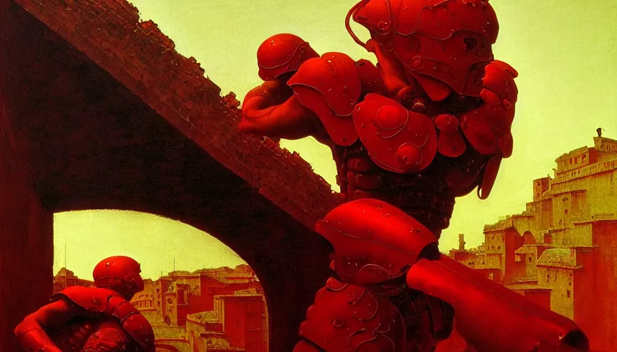 Image similar to only with red, a lightly armored gladiator in a crowded roman amphitheatre, crowd cheering, in the style of beksinski and edward hopper and rodcenko and yue minjun and artgerm, intricate and epic composition, red by caravaggio, highly detailed, masterpiece, red light, artstation, art nouveau