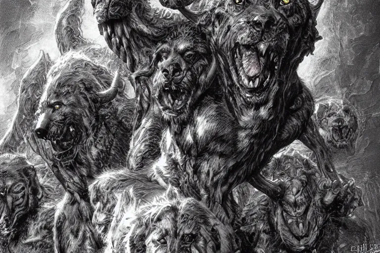 Image similar to cerberus hyperdetailed photo of a cerberus by ed binkley, wayne barlowe, alex horley, johfra bosschart, craig mullins, three head one body, cerberus, details