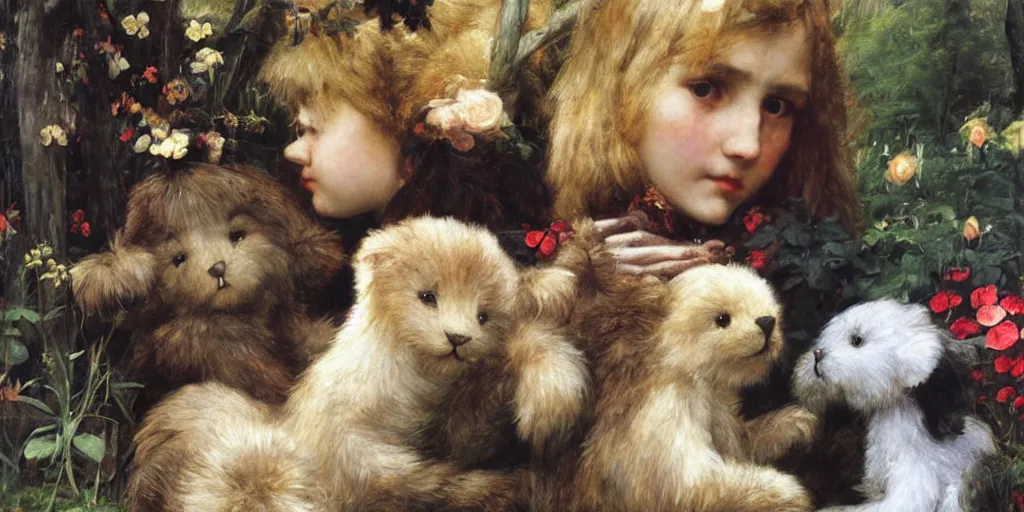 Image similar to 3 d precious moments plush animal, realistic fur, master painter and art style of john william waterhouse and caspar david friedrich and philipp otto runge