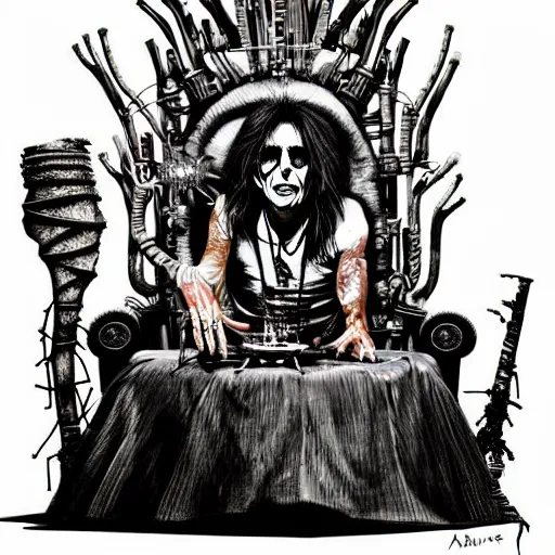 Image similar to graphic illustration, creative design, alice cooper sitting on a throne, biopunk, francis bacon, highly detailed, hunter s thompson, concept art