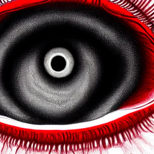 Image similar to a detailed extremely close up of inside the iris, cornea, red image, microscopic, extremely close up drawing by junji ito, cgsociety, generative art, lovecraftian, parallax, cosmic horror, extremely detailed, hyperrealism, unreal engine, octane render, award winning, masterpiece, highly detailed, realistic, 4 k, digital