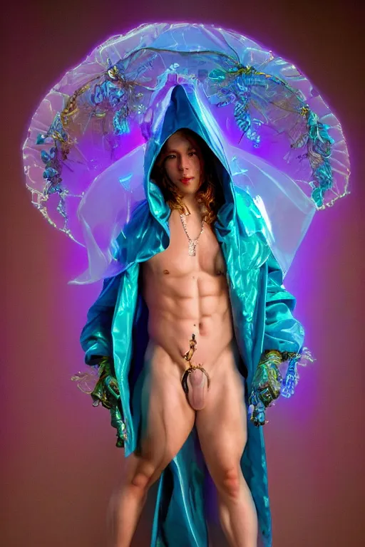 Image similar to full-body rococo and cyberpunk delicate neon crystalline sculpture of ((muscular albino prince Nick Jonas)) (((con la piroca dura))) as an iridescent humanoid deity wearing a thin see-through ((plastic hooded cloak)) sim roupa (holding a human skull), reclining con (((las piernas abiertas))), glowing pink face, crown of (white lasers), large diamonds, swirling black silk fabric. futuristic elements. oozing glowing liquid, full-length view. space robots. intricate artwork by caravaggio. Trending on artstation, octane render, cinematic lighting from the right, hyper realism, octane render, 8k, depth of field, 3D