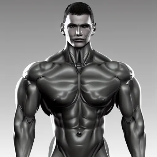 Prompt: a realistic detailed photo of a bodybuilder who is also a male android Chris Redfield, shiny skin, posing robotically, blank stare