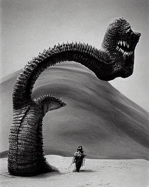 Image similar to giand sandworm with human face, cinematic lighting, sci-fi movie, by zdzislaw beksinski, 1900s photo