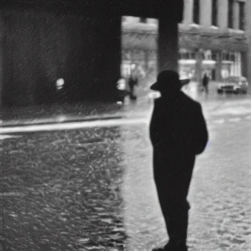 Prompt: grainy abstract experimental expired film photo of a sad retro robot, in 1920s New York City by Saul Leiter, 50mm lens, black and white, reflection, rain drops, cinestill 800t