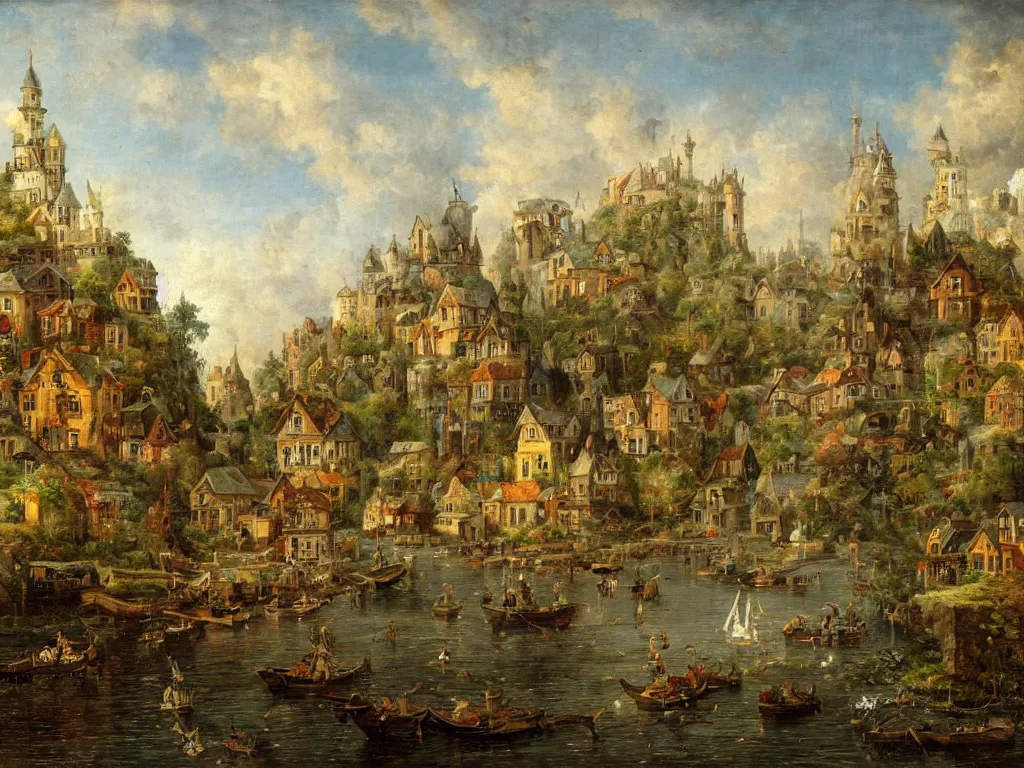 Image similar to an old small enchanted fantasy town, viewed from the harbor, by jean - baptist monge,