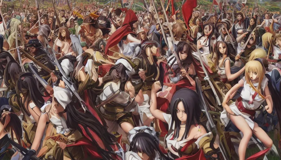 Image similar to jesus christ our lord leading an army of anime girls into battle, photorealistic, anime, mini skirt, long hair, renaissance painting, hyper real, detailed, wide angle shot, ultra detailed